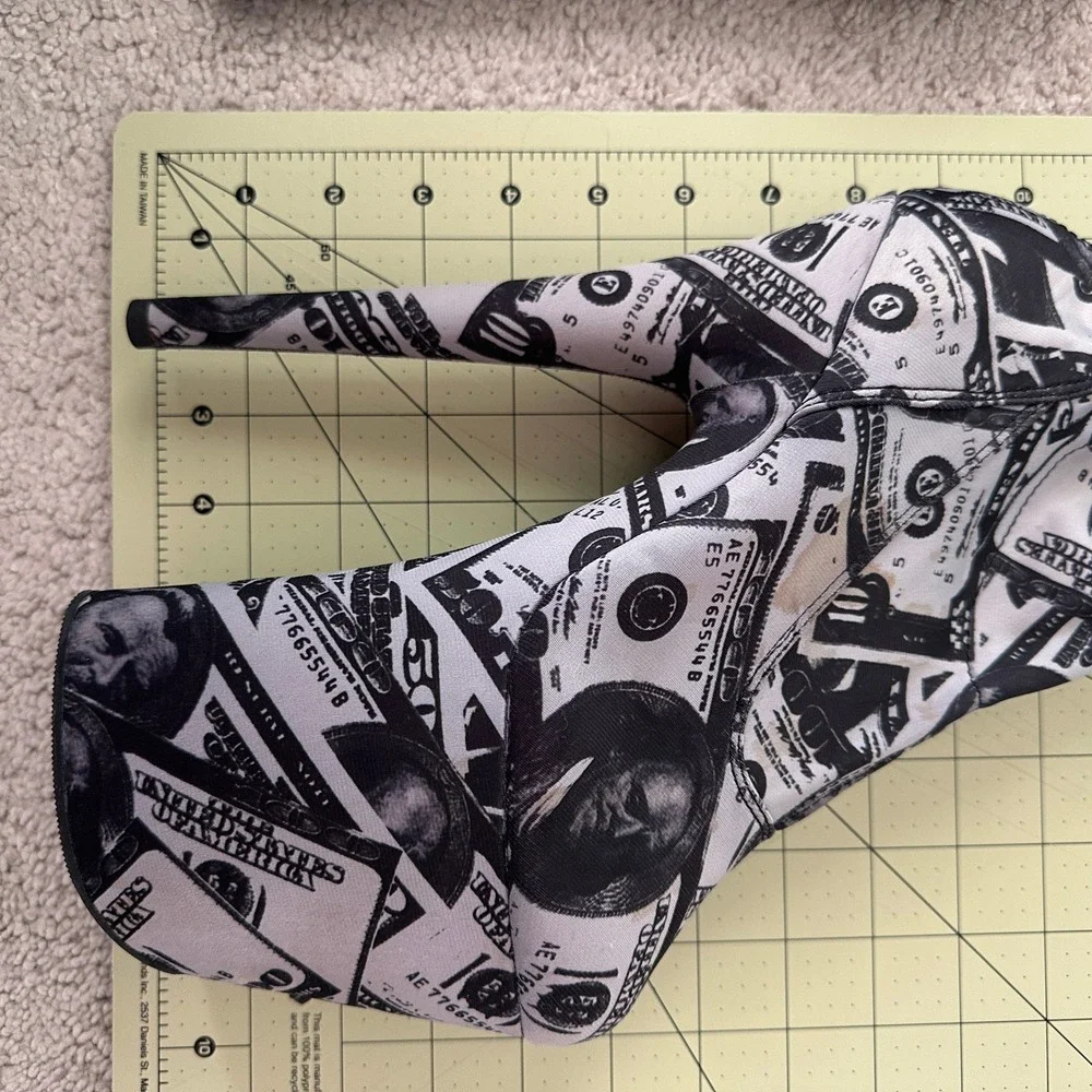 Pleaser Flamingo-3000DP Money Print Thigh High Platform Boots Black White 8 Inch